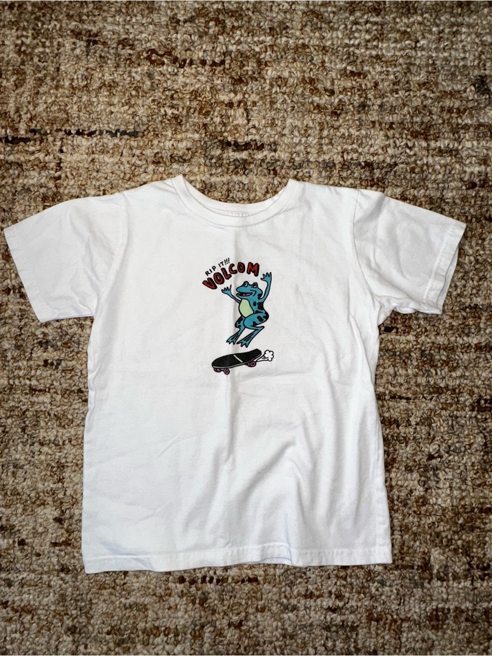 Volcom White Kids Tee with Blue-Green Skateboarding Frog Graphic